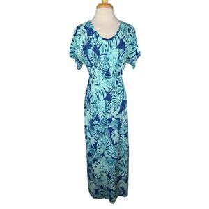 UV SKINZ Blue Green Tropical Cap Sleeve V-neck Maxi Dress Size Medium UPF 50+